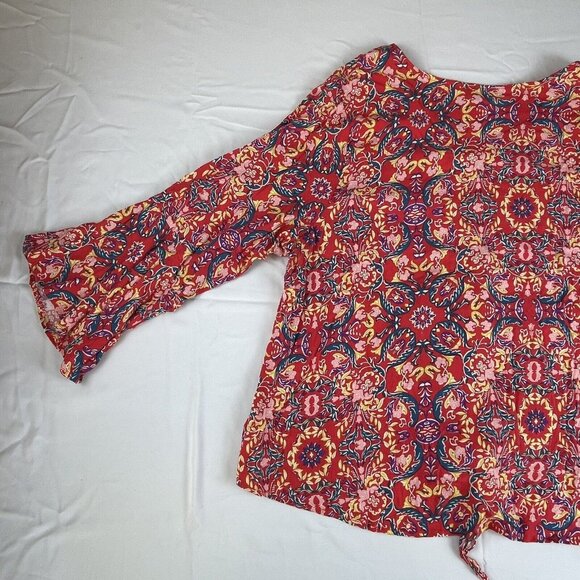 Torrid Womens Sz 3 3X Red Paisley Lenny Tie Front Bell Sleeve‎ V-Neck Boho Slub - Picture 12 of 15